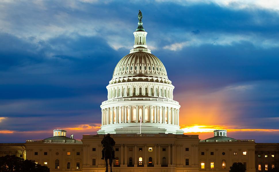 A photo of the United States Capitol building at night